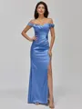 Regal Sheath Off-the-Shoulder Pleated Sweep Train Silk Like Satin Bridesmaid Dress