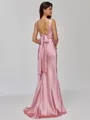 Classy Sheath Cowl Bow Sweep Train Silk Like Satin Bridesmaid Dress