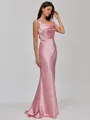 Classy Sheath Cowl Bow Sweep Train Silk Like Satin Bridesmaid Dress