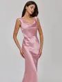 Classy Sheath Cowl Bow Sweep Train Silk Like Satin Bridesmaid Dress