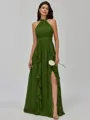 Polished A-line Halter Ruffles Floor-Length Chiffon Bridesmaid Dress