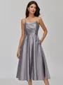 Understated A-line Spaghetti Straps Pleated Tea-Length Satin Bridesmaid Dress