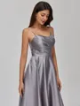 Understated A-line Spaghetti Straps Pleated Tea-Length Satin Bridesmaid Dress