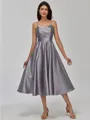 Understated A-line Spaghetti Straps Pleated Tea-Length Satin Bridesmaid Dress