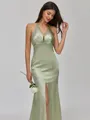 Endearing Sheath V-Neck Pleated Sweep Train Silk Like Satin Bridesmaid Dress