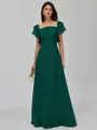 Unique A-line Square Short Sleeves Ruffles Floor-Length Chiffon Bridesmaid Dress