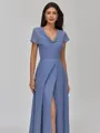 Elegant A-line V-Neck Short Sleeves Pleated Floor-Length Chiffon Bridesmaid Dress