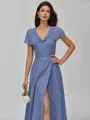 Elegant A-line V-Neck Short Sleeves Pleated Floor-Length Chiffon Bridesmaid Dress