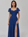 Regal A-line Square Short Sleeves Pleated Floor-Length Chiffon Bridesmaid Dress