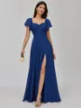 Regal A-line Square Short Sleeves Pleated Floor-Length Chiffon Bridesmaid Dress