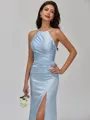 Refined Sheath Halter Pleated Floor-Length Silk like Satin Bridesmaid Dress