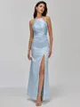 Refined Sheath Halter Pleated Floor-Length Silk like Satin Bridesmaid Dress