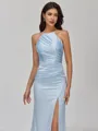 Refined Sheath Halter Pleated Floor-Length Silk like Satin Bridesmaid Dress