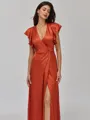 Chic A-line V-Neck Short Sleeves Pleated Floor-Length Silk like Satin Bridesmaid Dress