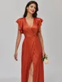 Chic A-line V-Neck Short Sleeves Pleated Floor-Length Silk like Satin Bridesmaid Dress