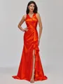Flattering Sheath V-Neck Pleated Sweep Train Silk like Satin Bridesmaid Dress