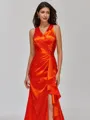 Flattering Sheath V-Neck Pleated Sweep Train Silk like Satin Bridesmaid Dress