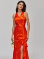 Flattering Sheath V-Neck Pleated Sweep Train Silk like Satin Bridesmaid Dress
