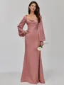 Glamorous Sheath Cowl Long Sleeves Pleated Floor-Length Satin Chiffon Bridesmaid Dress
