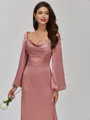 Glamorous Sheath Cowl Long Sleeves Pleated Floor-Length Satin Chiffon Bridesmaid Dress