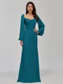 Glamorous Sheath Cowl Long Sleeves Pleated Floor-Length Satin Chiffon Bridesmaid Dress