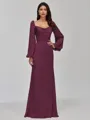 Glamorous Sheath Cowl Long Sleeves Pleated Floor-Length Satin Chiffon Bridesmaid Dress