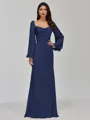 Glamorous Sheath Cowl Long Sleeves Pleated Floor-Length Satin Chiffon Bridesmaid Dress