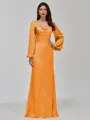Glamorous Sheath Cowl Long Sleeves Pleated Floor-Length Satin Chiffon Bridesmaid Dress
