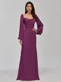 Glamorous Sheath Cowl Long Sleeves Pleated Floor-Length Satin Chiffon Bridesmaid Dress