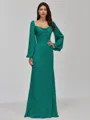 Glamorous Sheath Cowl Long Sleeves Pleated Floor-Length Satin Chiffon Bridesmaid Dress