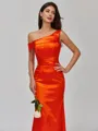 Gracious Sheath One-Shoulder Pleated Sweep Train Silk like Satin Corset Bridesmaid Dress