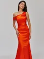 Gracious Sheath One-Shoulder Pleated Sweep Train Silk like Satin Corset Bridesmaid Dress