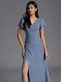 Charming A-line V-Neck Short Sleeves Pleated Floor-Length Chiffon Bridesmaid Dress