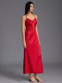 Modest A-line Spaghetti Straps Pleated Ankle-Length Charmeuse Bridesmaid Dress