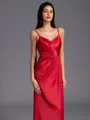 Modest A-line Spaghetti Straps Pleated Ankle-Length Charmeuse Bridesmaid Dress