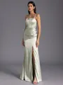 Chic Sheath Spaghetti Straps Pleated Floor-Length Silk Like Satin Corset Bridesmaid Dress
