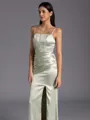 Chic Sheath Spaghetti Straps Pleated Floor-Length Silk Like Satin Corset Bridesmaid Dress