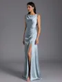 Glamorous Sheath Scoop Pleated Floor-Length Silk Like Satin Bridesmaid Dress