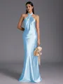 Regal Sheath Halter Pleated Floor-Length Silk Like Satin Bridesmaid Dress