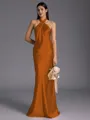 Regal Sheath Halter Pleated Floor-Length Silk Like Satin Bridesmaid Dress