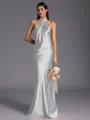 Regal Sheath Halter Pleated Floor-Length Silk Like Satin Bridesmaid Dress