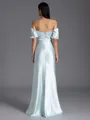 Tasteful Sheath Off-the-Shoulder Short Sleeves Pleated Floor-Length Silk Like Satin Bridesmaid Dress