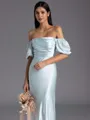 Tasteful Sheath Off-the-Shoulder Short Sleeves Pleated Floor-Length Silk Like Satin Bridesmaid Dress
