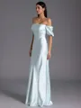 Tasteful Sheath Off-the-Shoulder Short Sleeves Pleated Floor-Length Silk Like Satin Bridesmaid Dress