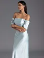 Tasteful Sheath Off-the-Shoulder Short Sleeves Pleated Floor-Length Silk Like Satin Bridesmaid Dress