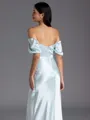 Tasteful Sheath Off-the-Shoulder Short Sleeves Pleated Floor-Length Silk Like Satin Bridesmaid Dress