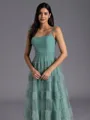 Stylish A-line Spaghetti Straps Pleated Floor-Length Tulle Bridesmaid Dress