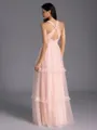 Unique A-line V-Neck Pleated Floor-Length Tulle Bridesmaid Dress
