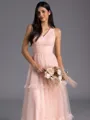 Unique A-line V-Neck Pleated Floor-Length Tulle Bridesmaid Dress