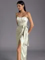 Flattering Sheath Strapless Bow Floor-Length Silk Like Satin Corset Bridesmaid Dress